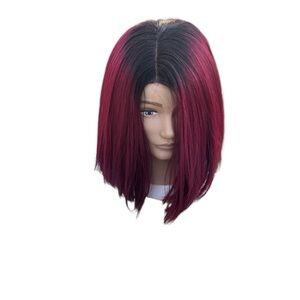 Burgundy red with dark roots lace front bob wig synthetic fibers